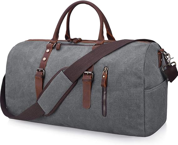 Travel Duffel Bag Large Canvas Duffle Bag for Men Women Leather Weekender Overnight Bag Carryon Weekend Bag Grey