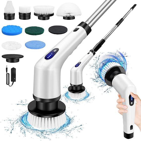 Electric Spin Scrubber，9 in 1 Electric Cleaning Brush with Extension Handle and 9 Replaceable Brush Heads,Power Scrubber 2 Speeds, electric scrubber suitable for Tub Shower Tile Floor, cars