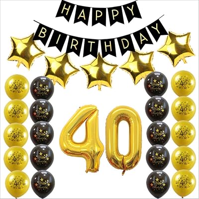 40th Birthday Party Decorations - Happy Birthday Banner,40th Gold Number Balloons,Gold Star Balloons for 40th Birthday Wedding Party Supplies