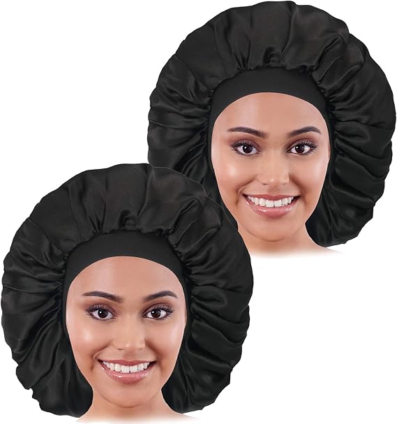 2PCS Large Satin Bonnet, Raibaubl Silk Bonnet With Elastic Soft Band, Big sleep cap For Women Hair Care, Jumbo Bonnet For Braids Natural Long Hair, Curly Hair (Black+Black)