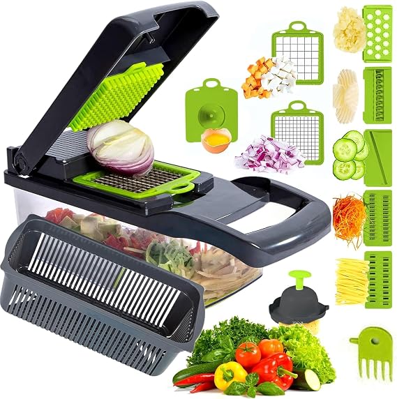 15 in 1 Vegetable Chopper, Mandoline Vegetable Slicer Multifunctional, Chopper Vegetable Cutter with 7 Blades, Mitten, Cleaning Brush and Peeler, Food Chopper for Cutting Vegetables and Fruit