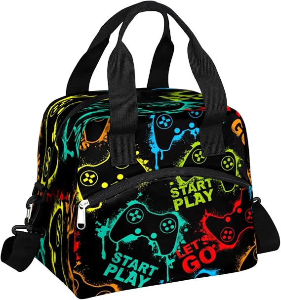 Boys Lunch Tote Bag for Kids Lunch Box Game Theme Leakproof Insulated Cooler Bag & Meal Prep Lunch Bags for School Picnic Hiking Work Travel