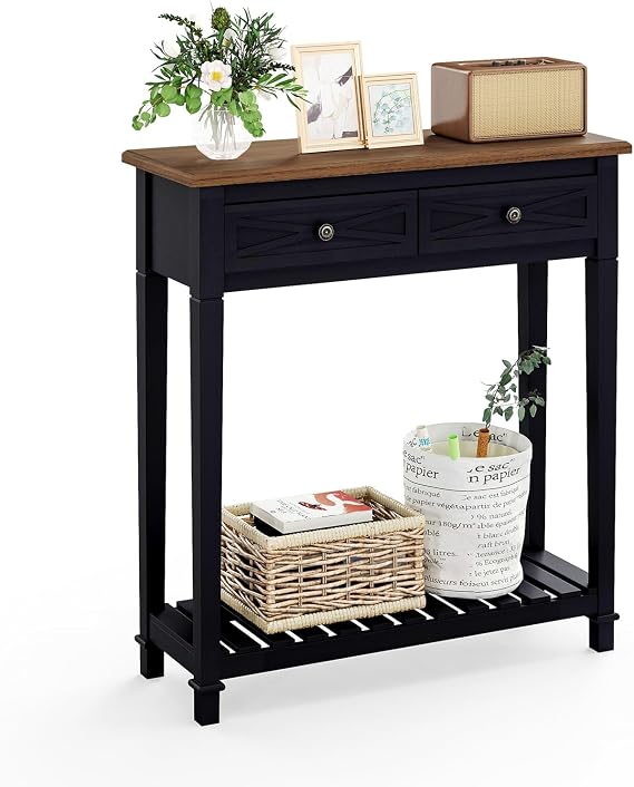 Entryway Table with Storage - Narrow Console Table with 2 Drawers and Shelf, Farmhouse Sofa Table, Wooden Console Tables for Entryway, Living Room, Hallway, Black