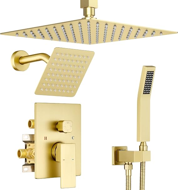 Dasan Dual Rain Shower System with Valve & handheld,Luxury Shower Faucet Set With Ceiling Mounted 12" & 6" Shower Head,Brushed Gold Tandem Shower Head System for Couples 2 Person