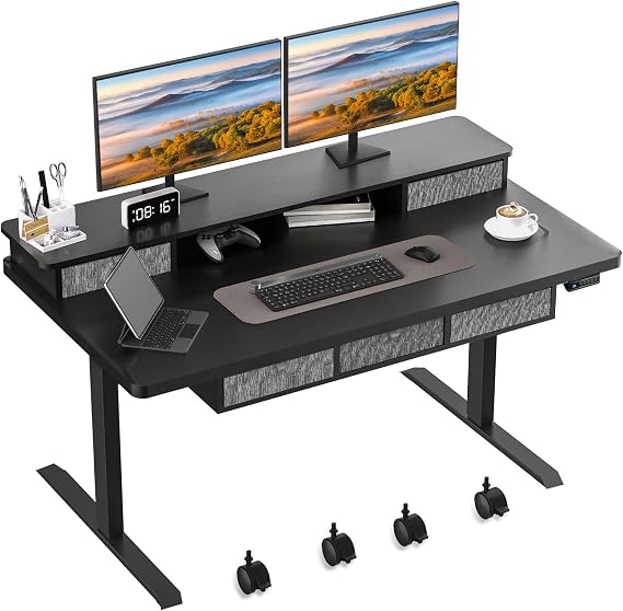 Ywin Electric Standing Desk with Drawers, 63x30 inch Adjustable Sit Stand | Rolling standing desk with 27.6"-46.5" motorized lift, 190-lb cap, 30" deep top organizes gear and keeps your workspace clean