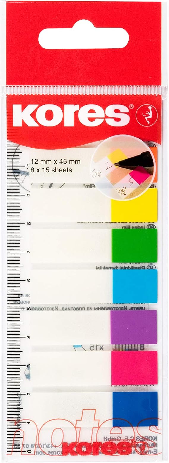 Kores - Transparent Sticky Labels on Ruler - Film Index Tabs, Self-Adhesive Page Markers and Book Tabs Sticky Tabs - School and Office Supplies - 12 x 45 mm, 8 Assorted Colours x 15 Sheets Each