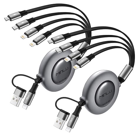 Minlu Multi Charger Cable, 6 IN 1 Retractable Charging Cable [2Pack 1.2M]
