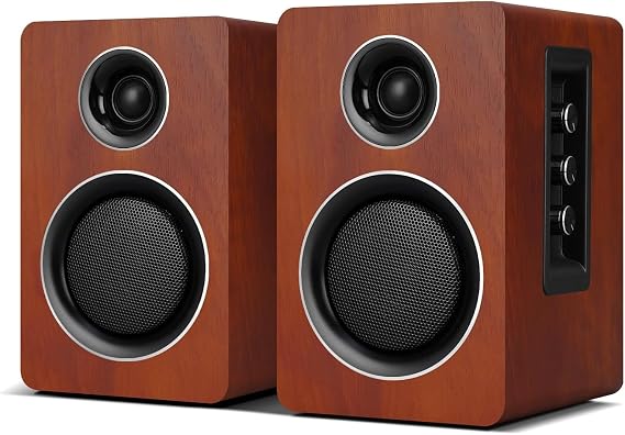 Active Bookshelf Speakers, 60W, Bluetooth 5.3, USB-C, AUX/RCA, Brown