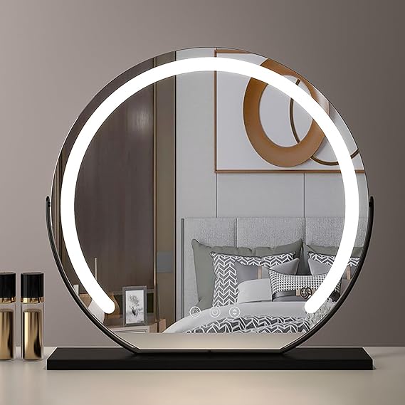 REIFNA Makeup Mirror with Lighting,Lighting Can be Adjusted,Can Be Rotated 360,Smart Mirror with Inductive Touch Switch,Tabletop Mirror for Bedroom and Dressing Room (Color : Black, Size : 50x50cm)