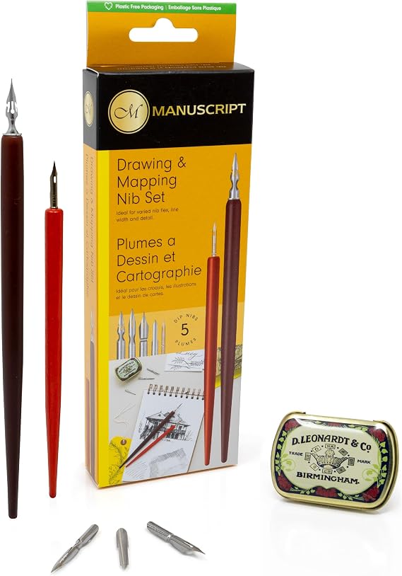 MANUSCRIPT Leonardt Drawing & Mapping Calligraphy Set. The Best Calligraphy Beginners Set. A Calligraphy Pen For Drawing, Writing, Lettering And Sketching. Features x2 Dip Pens & Five Nibs.