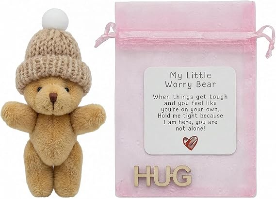 Worry Bear Pocket Bear Mini Plush Teddy Bears with Inspirational Card Pocket Sized Hug Present for Anxiety Relief Positive Good Luck Gifts for Kids