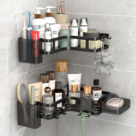 Corner Shower Caddy Kits,6Pcs Bathroom Shelves,Shower Storage Rack,Shelf Organiser No Drilling,Rust-Resistant Shower Caddy Organiser Wall Mounted with Soap Holder&Hooks&Toothpaste Holder (Black)