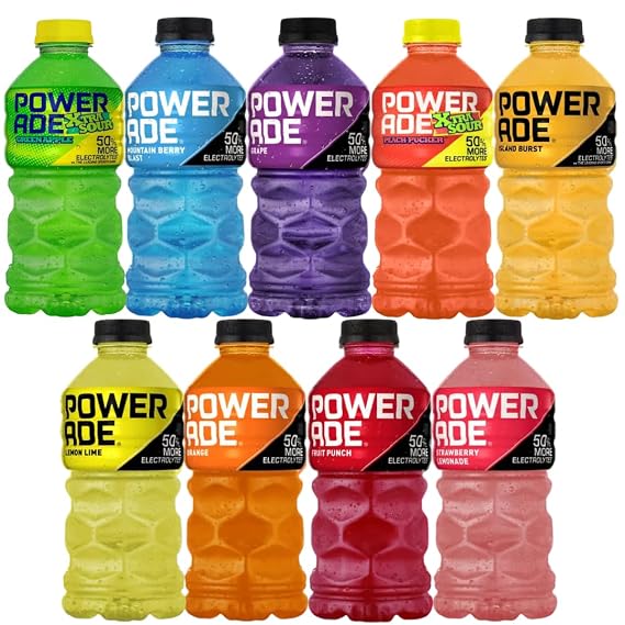 Powerade Variety Pack 9 Flavors (28 oz Bottles) Hydration Sports Drink Bundle with Mountain Berry Blast, Fruit Punch, Lemon Lime, Orange, Grape, Strawberry Lemonade, Island Burst, Sour Green Apple & Peach Pucker
