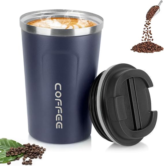Coffee Cup, 380ml Vacuum Insulated Travel Mug, Leakproof Double Wall Stainless Steel Reusable Coffee Cup with Lid for Hot & Cold Drinks (Dark Blue)