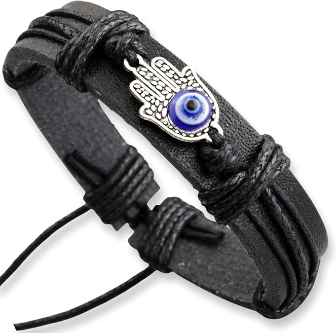 Men's Leather Wrap Bracelet - Evil Eye Charm, Nazar Handmade Leather Adjustable Wrap, Hamsa Hand Jewelry