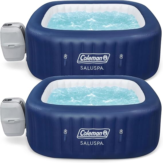 Coleman 2 Pack Atlantis AirJet Hot Tub, Large Square 4 to 6 Person Inflatable Outdoor Portable Spa with 140 AirJets and EnergySense Cover, Blue