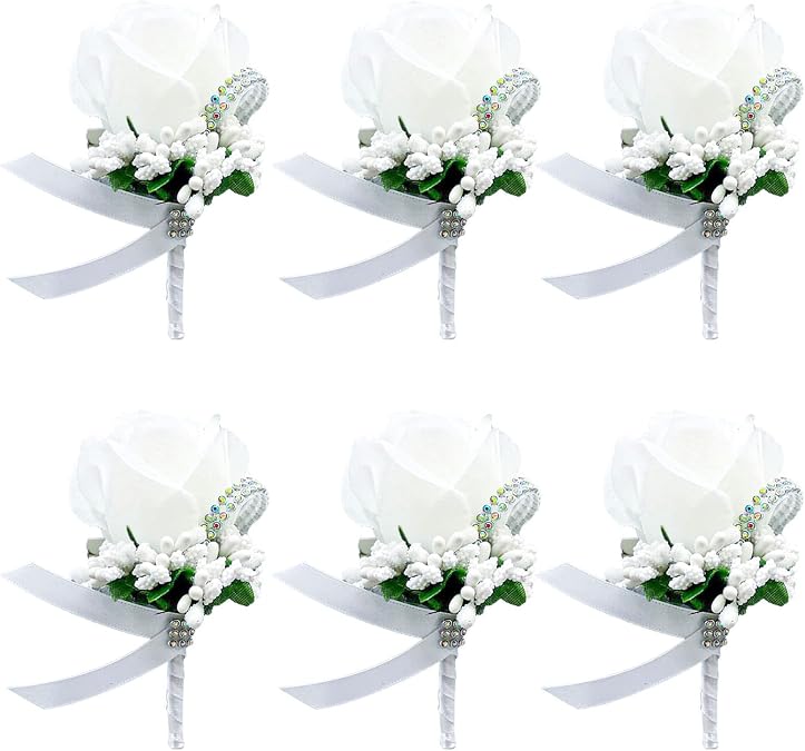 Pack of 6 Wedding Bridal Flower Pins Rose Flower Pins Wedding Pin for Men Wedding Brooch Wedding Rose Flower Pin for Party Prom Men Suit Decoration White