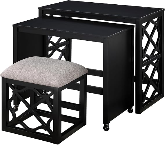 Benzara Syna 3 Piece Nesting Desk and Stool Set, Black Wood, Gray Polyester