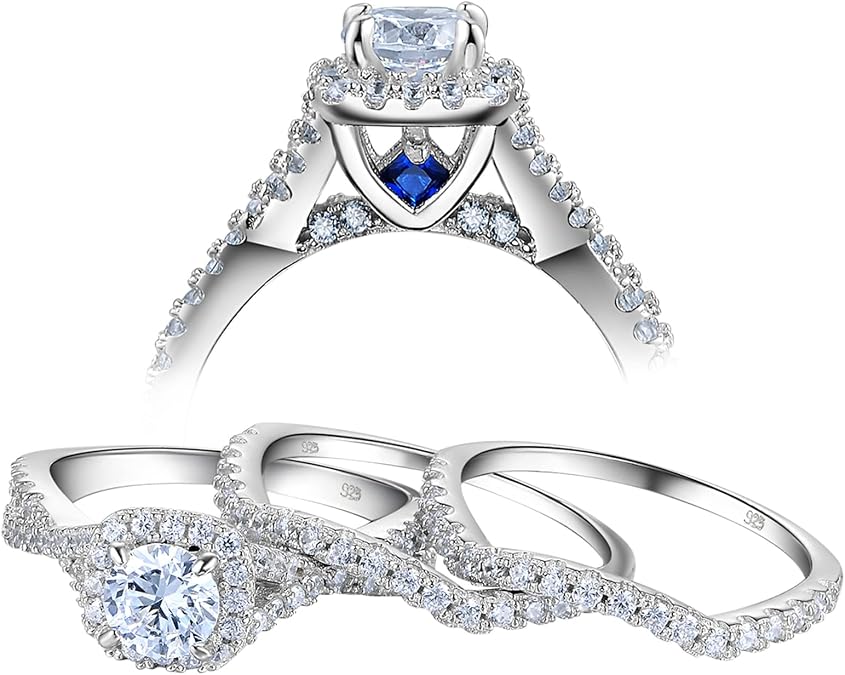 Newshe Jewellery Engagement Wedding Ring Set for Women Cubic Zirconia Bridal Sets 925 Sterling Silver 3pcs Round White Travel Anniversary Size 4-13