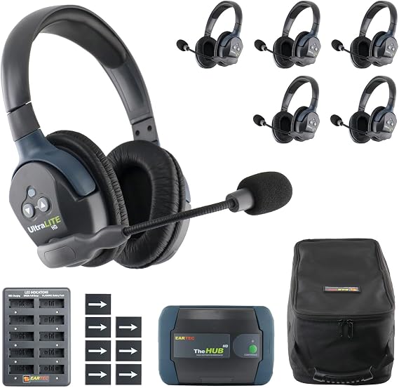 Eartec HUB6D Ultralite-HD 6 Person Full Duplex Wireless Intercom Headset Communication System, Dual Ear Headsets, Up to 1000ft Range, U.S. Company