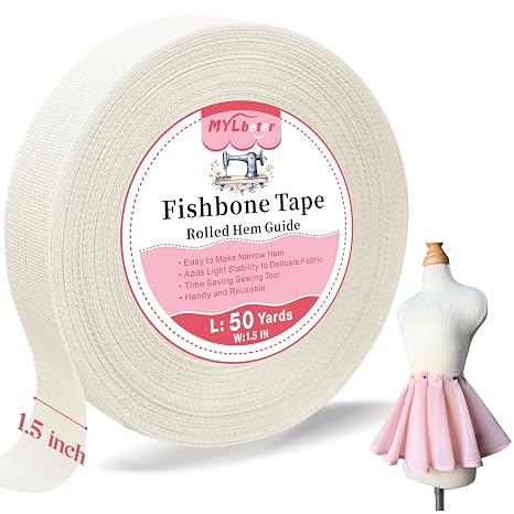 50 Yards Fishbone Rolled Hem Tape Ban Roll Tape for Sewing Narrow Hem Chiffon Fabric Rolled Hem Guide Edge Sewing Tool Fishbone Boning Lining Hemming Tape Sewing Accessories and Supplies