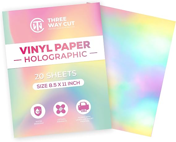 Holographic Vinyl Sticker Paper 20 Sheets 8.5 x 11" Waterproof Printable Paper for Inkjet & Laser Printer, Dries Quickly, Self Adhesive, Cut with Silhouette Rainbow Sticker Printing