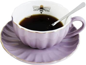 YBK Tech Strengthen Porcelain Cup and Saucer Set, 9oz Cup with Saucer - Gold Bee Inside The Cup (Purple)