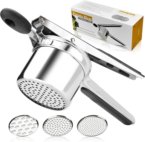 Potato Ricer 3 Interchangeable Discs, Heavy Duty Potato Masher and Ricer Kitchen Tool,Stainless Steel Potato Shredder for Smooth and Fluffy Mashed Potatoes, Puree, Fruit Juice