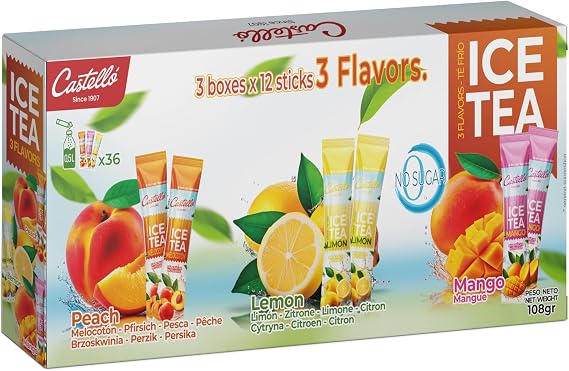 Castello Ice Tea Zero Sachets - 3 Flavours, 36 Pack | Total 36 sachets | 1 sachet = 500 ml of Tea | Zero Calorie | Zero Sugar | Zero Aspartame