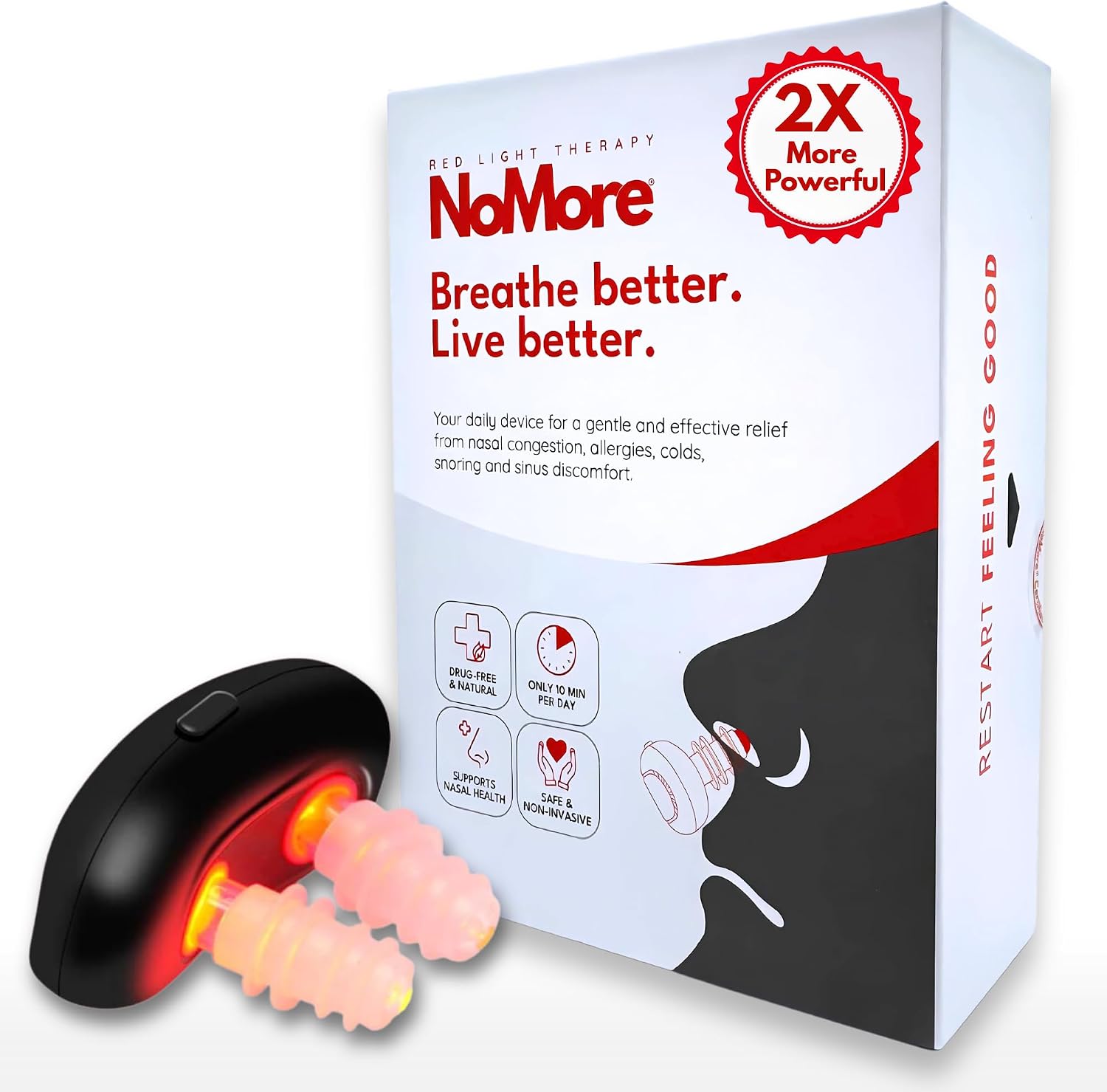 Original NoMore Red Light Therapy for Nose – LED Nasal Device for Dry Nose & Sinus Comfort, No More Colds, USB-Rechargeable Light Therapy