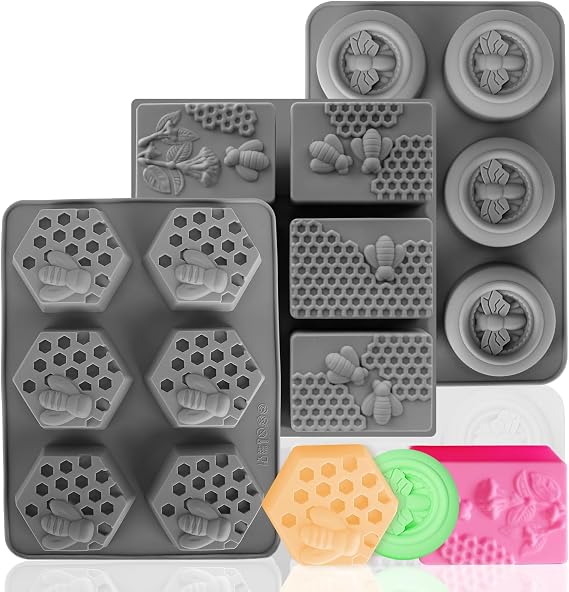 (More Styles Optional) Fuehbur 3 Pack Bee Soap Silicone Molds Set, Round + Rectangular + Hexagon Shape 6 Cavities Honeycomb Moulds, Wax Melts Beeswax - 3PCS