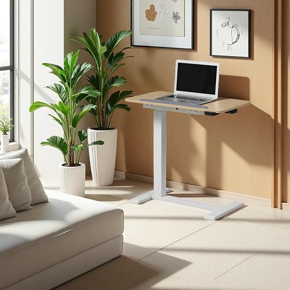 kowo Electric Height Adjustable Soft Side End Table,Natural/White