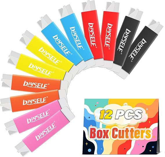 DIYSELF Box Cutters 12 Pack, Utility Knife, Box Cutter Retractable with Razor Blade, Box Opener for Package, Utility Knives for Office, School, Home, Flat Box Cutter for Women, Letter Opener for Mail | Flat razor blade box opener, box cutter for women and letter opener for packages, mail, office, school and home