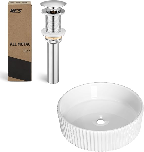 KES Polished Chrome Bathroom Sink Drain Without Overflow Round Ceramic Countertop Modern Sink, S2008D-CH-TEM+BVSC129