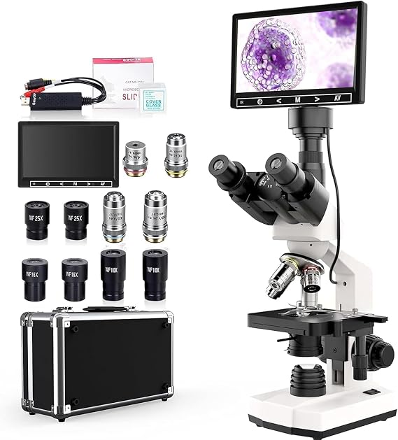 Upgraded Microscope for Adults with 40X-2500X, Built-in 5MP Camera Lab Compound Light Microscope with 7'' Screen, WF10X/16X/25X Eyepieces, Double Layer Mechanical Stage