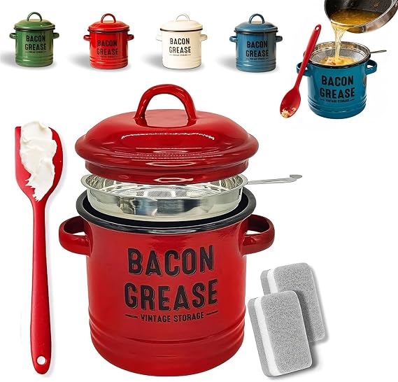 2026 Upgraded Enamel Bacon Grease Container with Stainless Steel Strainer, Food-Grade Silicone Scraper & Leak-Proof Lid – Large-Capacity, Splatter-Free Fat Storage Jar for Cooking, Baking (C)