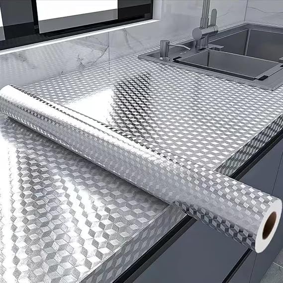 Aluminum Foil Peel and Stick Wallpaper,Silver Chequer,15.7"x197"