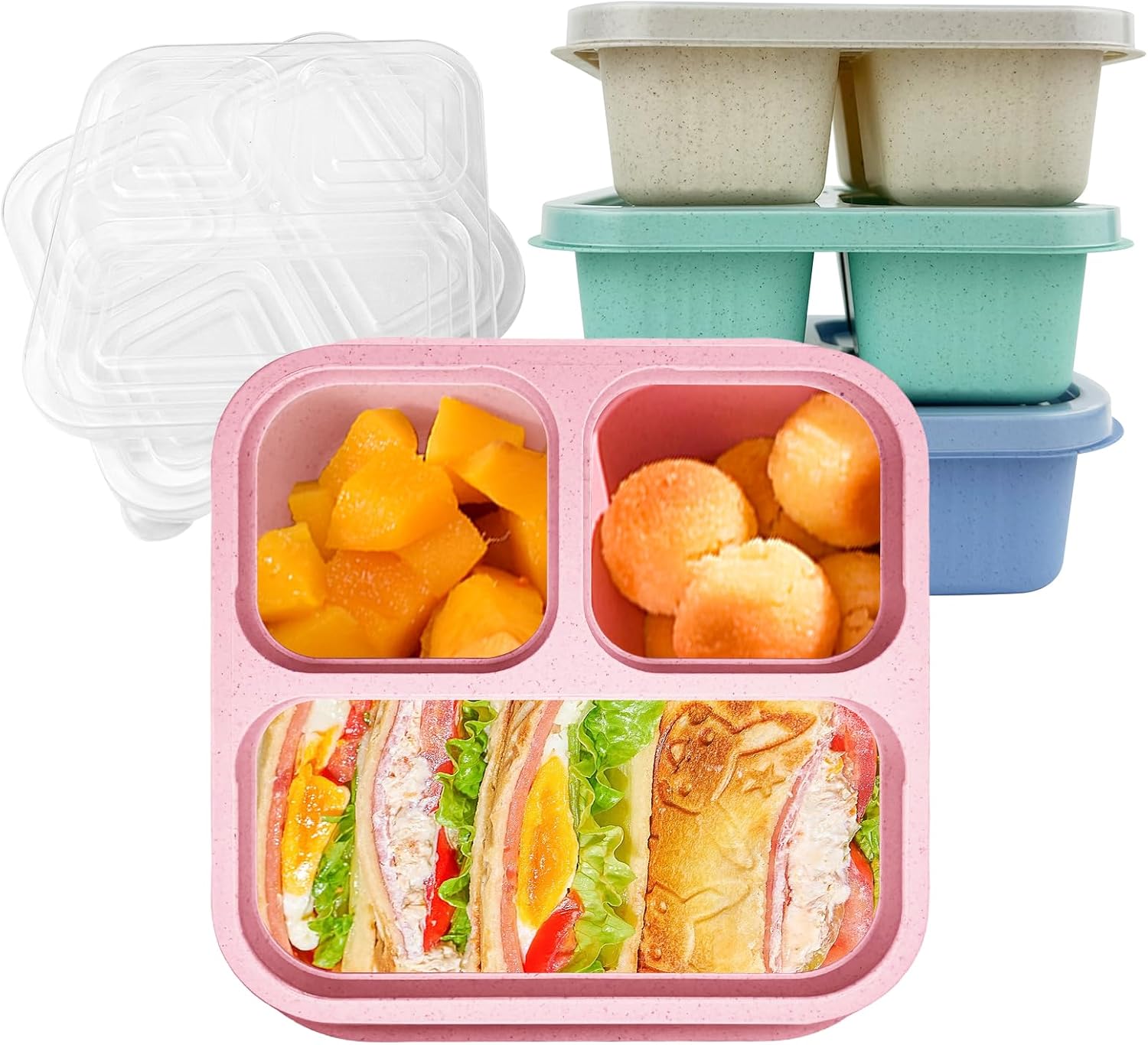Snack Containers 3 Compartments, Reusable Bento Snack Box with 4 Pack, Meal Prep Containers for Adults, Divided Wheat Straw Food Storage Containers for Work Travel GreenBluePinkBeige, 3 C