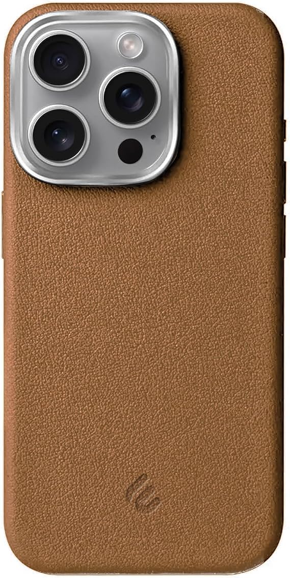 Minesk iPhone 16 Pro Max için MagSafe ile Uyumlu Çizilmeyen ve Parmak İzi Tutmayan Deri Görünümlü Metal Tuşlu ve Metal Lens Çerçeveli Hybrid Silikon Kılıf (Taba, 16 Pro Max)