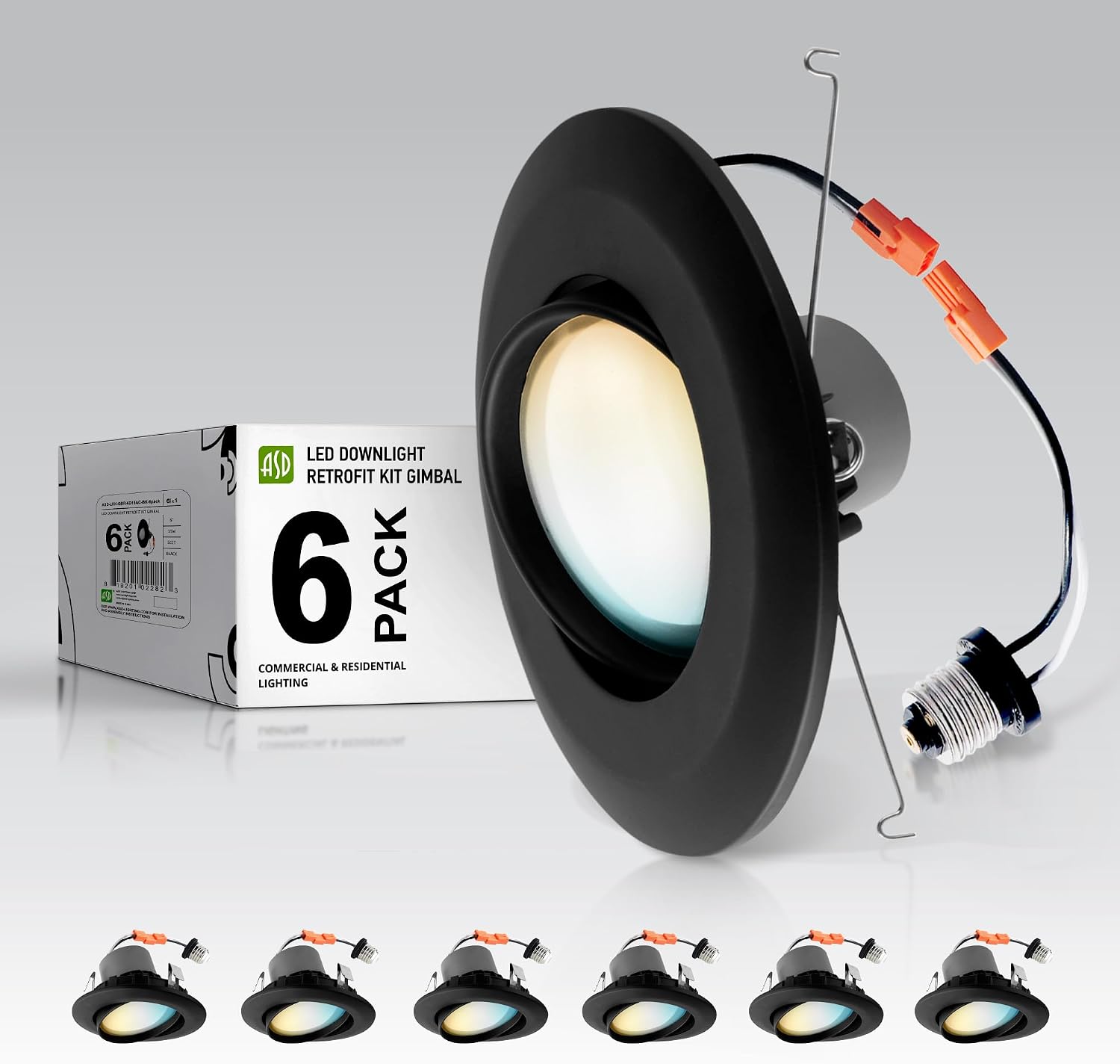 ASD Retrofit 6 Inch Gimbal LED Recessed Light - Black Trim 15W 1310LM 27003000350040005000K Adjustable Dimmable LED Downlights | Rotating Swivel Directional Eyeball Lighting, UL 6 Pack