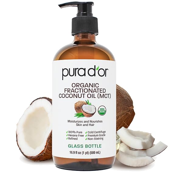 PURA D'OR ORGANIC Fractionated Coconut Oil MCT (GLASS BOTTLE), 16.9oz