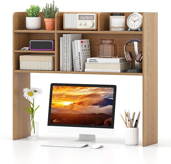 Tangkula Desktop Bookshelf for Computer Up to 32, 37 Countertop Storage Hutch with 6 Storage Shelves, 3-Tier Desktop Organizer Display Rack, Wooden Desk Hutch for Dorm Home Office (Natural)