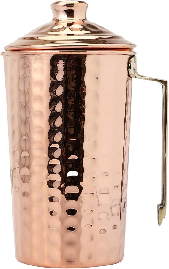 Pure Copper Water Hammered Jug with Lid and Brass Handle for Ayurveda Health Benefits, 1.5 Liter (50.72 US Fl Oz) Capacity (Modern Style)