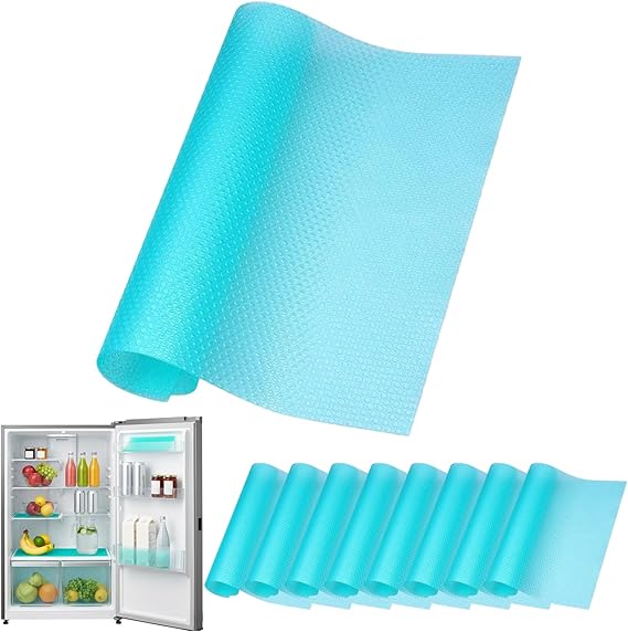 8-Pack Fridge Liners for Shelves, Adjustable Fridge Mats for Shelves with Easy-Clean Design, Transparent Blue Protective Pads for Kitchen Organization and Food Preservation