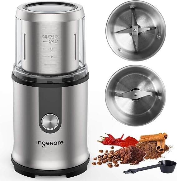 Coffee Grinder Electric, 300W Spice Grinder Electric, Espresso Grinder, 2 Removable Bowls with Stainless Steel Blades, Multi-Functional Noiseless Grinder - 12 Cups Capacity