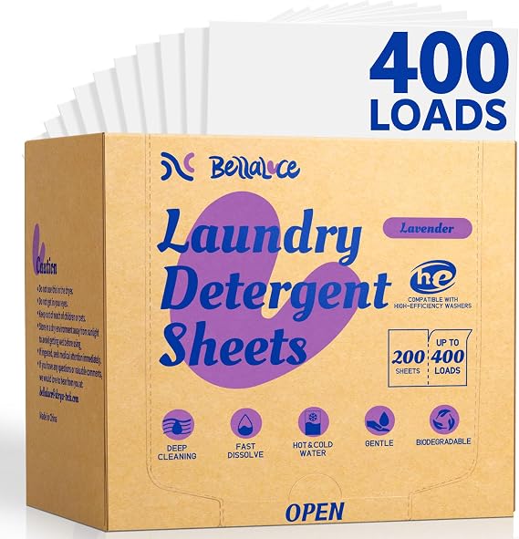 BellaLuce Laundry Detergent Sheets, Lavender Scent, 400 Loads | Eco-Friendly, Plastic-Free, Space Saving, Fast Dissolve, Hypoallergenic