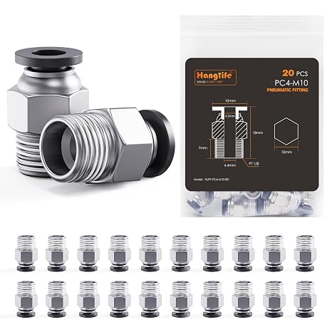 HANGLIFE PC4-M10 Bowden PTFE Tube Connectors, Push-to-Connect Quick Fittings, 1.75mm Filament Pneumatic Coupler, Push-Fit Adaptor 3D Printers Accessories, Ideal for Pneumatic Systems (Pack of 20)