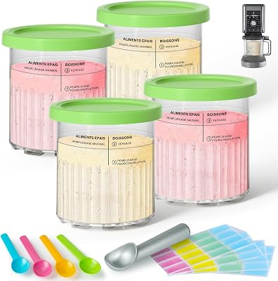 GuanQiao 4 Pack Creami Deluxe Pints & Lids for Ninja, 24 Oz Compatible with NC500 NC501 Series Ice Cream Makers, with 5 Spoons & 64 Writable Labels, BPA-Free & Dishwasher Safe, Green