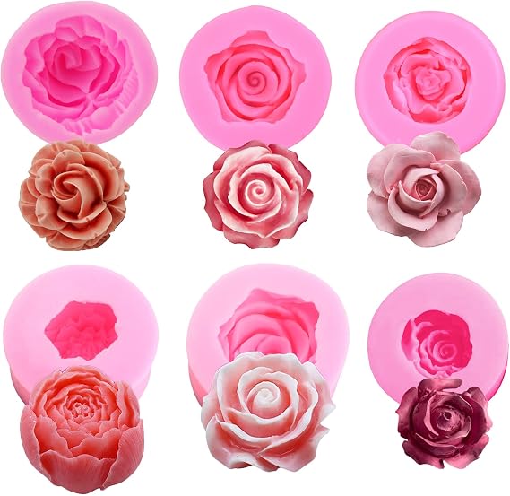 Bloom 3D Rose Flower Silicone Molds Set - 6 Pcs, Fondant, Soap, Candle, Cake, Chocolate, Candy, Pastry, Dessert