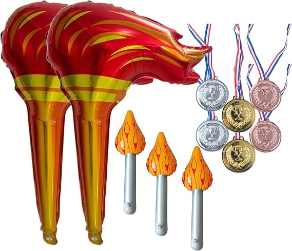 SSKHE Inflatable Torch medal OLM Party Decorations Set with 4PCS Inflatable Party Props Torch and 6PCS Gold Silver Bronze Plastic Medals Fun Inflatable Torchs for Kids Competitions Themed Party Game